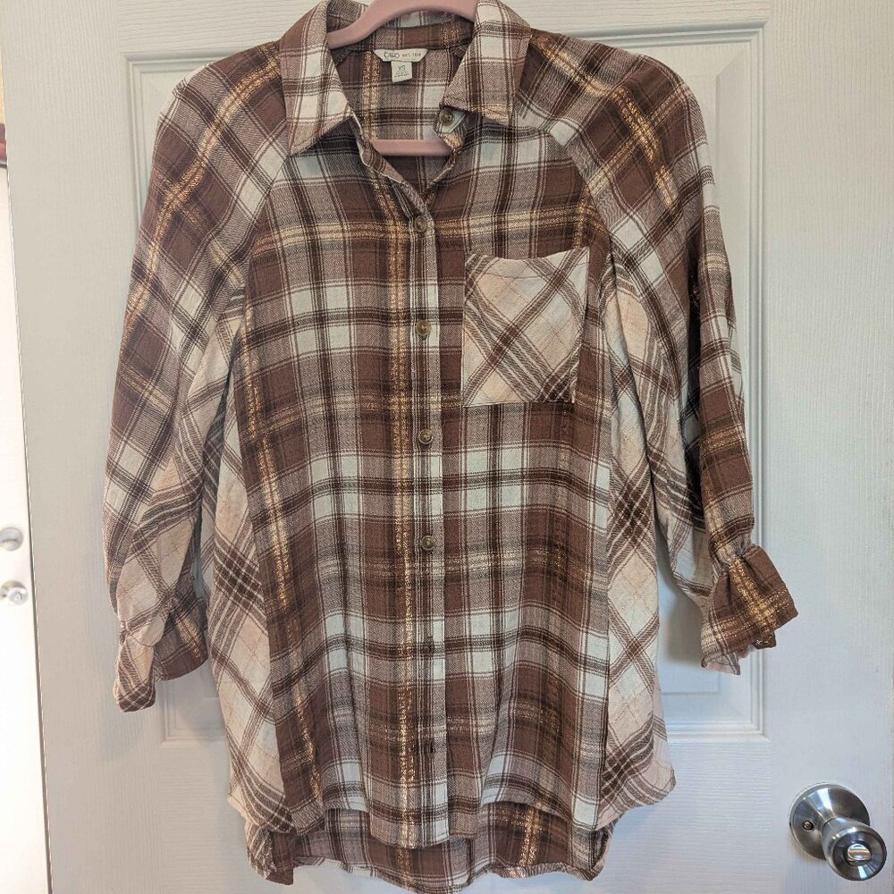 Cato Size Extra Small Long Sleeve Brown Plaid w/ Shiny Stripes Button Up